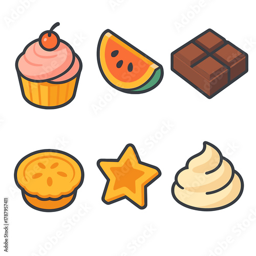 Festive Dessert Icons. Festive Dessert Tray modern flat icon set: cupcake, fruit slice, chocolate bar, mini pie, star cookie, whipped cream.