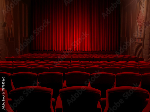 Empty Theater Seats Facing Red Velvet Stage Curtain.