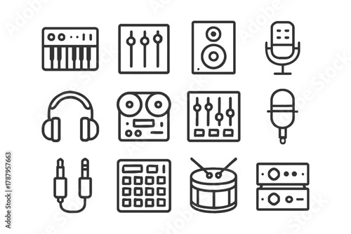 Music production equipment icons: keyboard, mixer, speakers, microphone, headphones, drums.