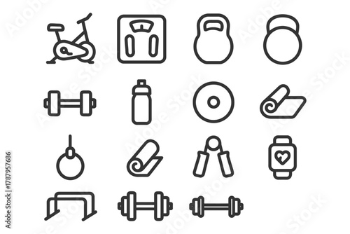 Outline icons of fitness equipment: dumbbells, kettlebell, exercise mat, water bottle, and more.