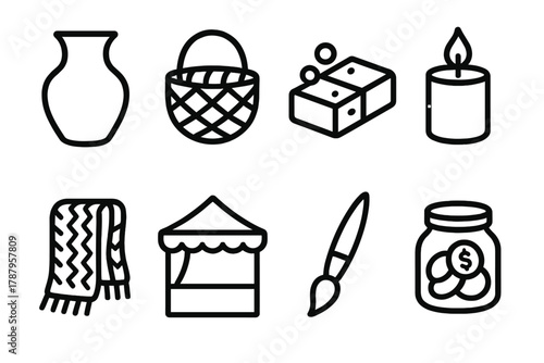 Artisan Market Icons. Artisan Stalls outline icon set: pottery vase, woven basket, handmade soap, candle, knitted scarf, booth tent, paintbrush, coin jar.