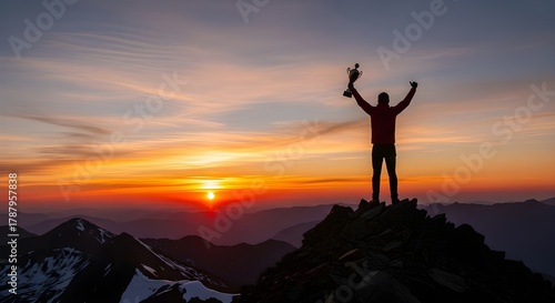 Silhouette of a person lifting a trophy at mountain peak during sunset, representing triumph, motivation, and personal achievement
