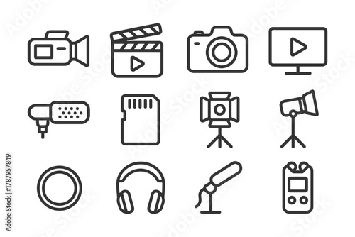 Video and photography equipment icons: camera, microphone, lighting, editing tools.
