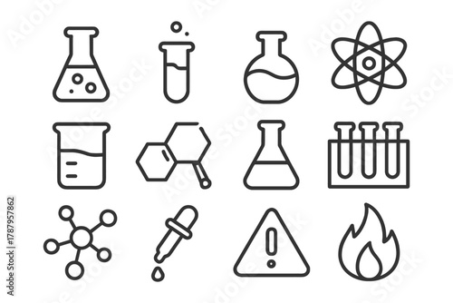 Laboratory science icons: beakers, molecules, and safety symbols.