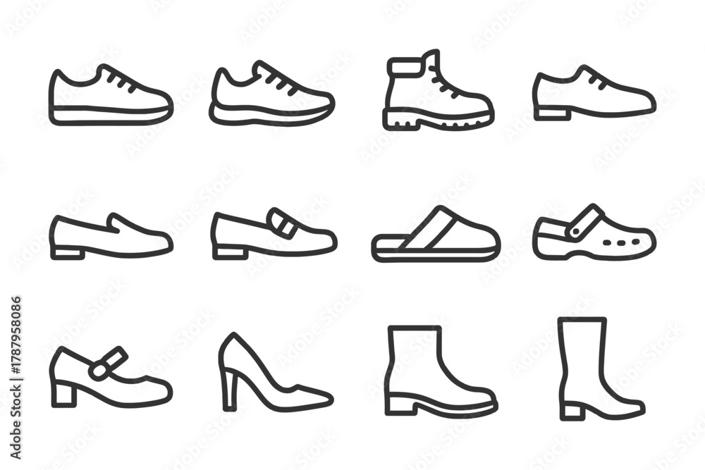 Obraz premium Outline collection of various footwear styles including sneakers and boots.