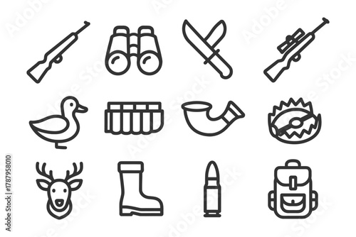 Hunting equipment icons: rifle, binoculars, knives, duck, backpack, bear trap.