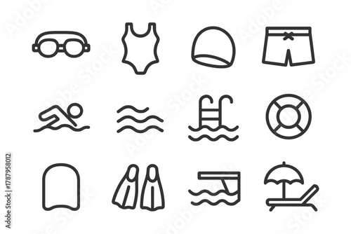 Swimming equipment icon set: goggles, swimsuit, swim cap, flippers, lifebuoy, pool.