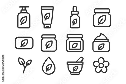Natural skincare product icons with leaf motif in simple line style.