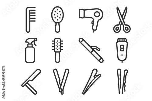 Collection of essential hair styling tools icons in black and white.