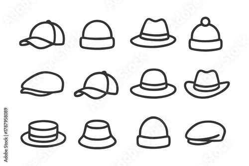 Various hat styles: caps, beanies, fedoras, bucket hats, and more.