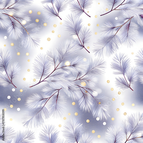 Seamless pattern featuring delicate pine branches and golden dots on matte navy blue background.