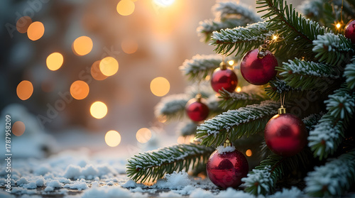 Wallpaper Mural Snowy Fir Tree Close-up with Glowing Golden Lights Torontodigital.ca