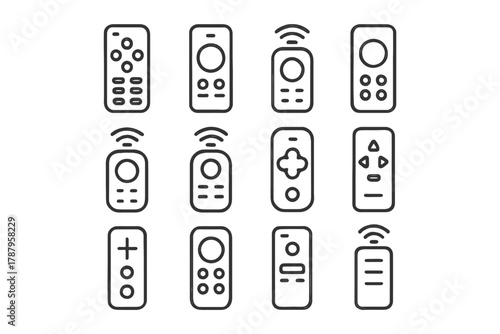 Collection of remote control icons in minimalist outline style.