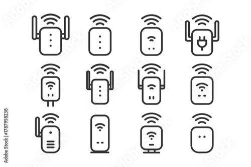 Wifi router and signal icon set featuring various connectivity designs.