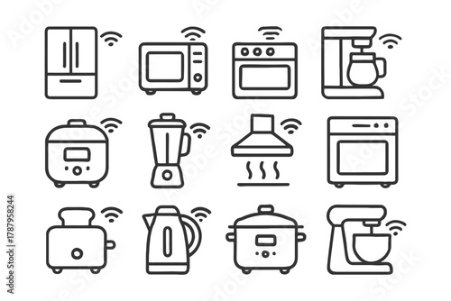 Smart kitchen appliances: fridge, microwave, blender, coffee maker, toaster icons.