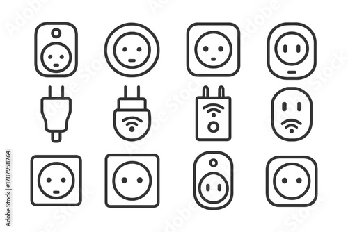 Set of outline electrical outlet and plug icons with wifi connectivity.