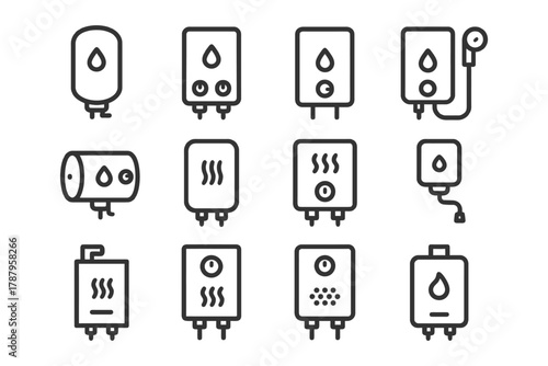 Various water heater icons for home appliances: boiler, tankless, electric, gas.