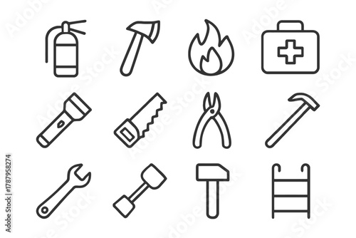 Emergency tools and safety equipment icons set in black and white.
