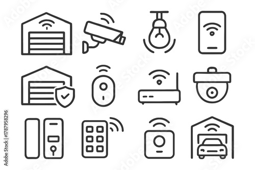 Smart home security system icons with cameras, sensors, and garage controls.