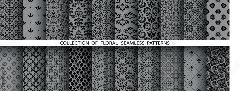 Naklejka premium Geometric floral set of seamless patterns. Gray and black vector backgrounds. Damask graphic ornaments