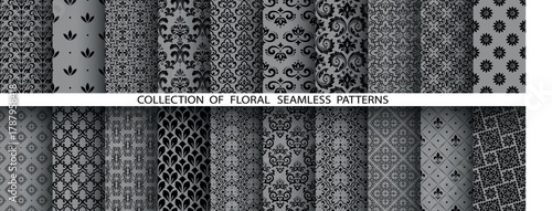 Geometric floral set of seamless patterns. Gray and black vector backgrounds. Damask graphic ornaments
