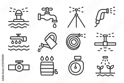 Watering equipment icons: sprinklers, hoses, faucets, timers for efficient gardening and irrigation.