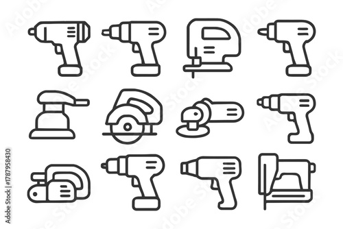 Set of outline icons for power tools.