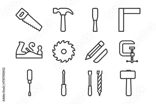 Outline icons of hand tools: hammer, saw, chisel, screwdriver, drill, pencil.