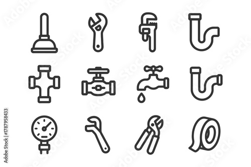 Set of plumbing tools and supplies icons: wrench, plunger, pipe, valve, gauge, tape.