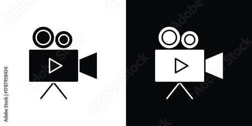 Video camera icon in solid silhouette set. Vector Illustration.