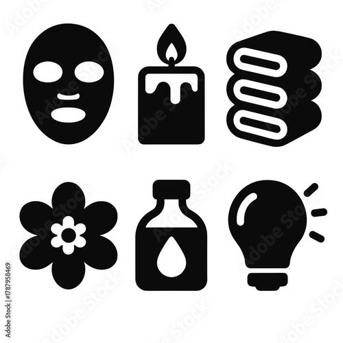 Home Spa Icons. Spa at Home bold vector icon set: face mask, candle, towel stack, flower, oil bottle, soft light.