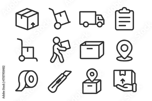 Delivery and packaging icons: box, truck, location, tape, cutter.