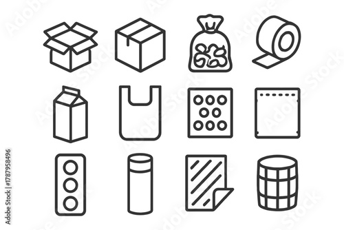 Icon set of everyday packaging items including box, bag, tape, and carton.
