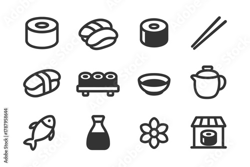 Japanese cuisine icons: sushi, chopsticks, teapot, fish, soy sauce, flower.