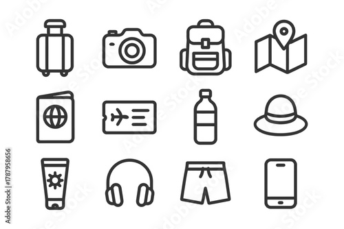 Travel essentials icons: luggage, camera, backpack, map, passport, ticket, bottle.