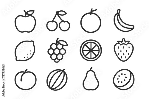 Simple fruit outline icons set featuring apple, cherry, orange, banana, and more.