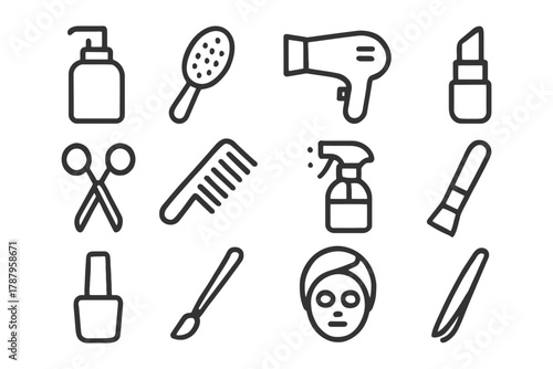 Collection of salon and beauty tools icons: hairdryer, lipstick, comb, brush, scissors.