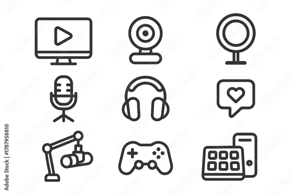 Fototapeta premium Minimalist streaming icons set: microphone, headphones, controller, camera, desktop.