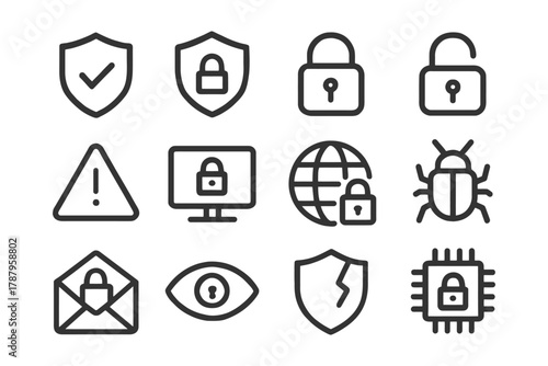Cybersecurity icon set featuring shields locks and warnings.