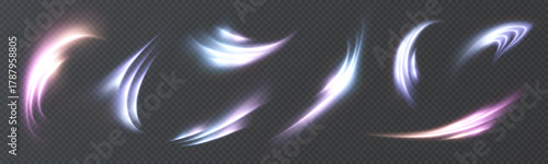 A set of bright light swirls and glowing trails in purple and blue tones for dark backgrounds. Dynamic glare trails for impact and magic effects, concepts of speed and overlays.