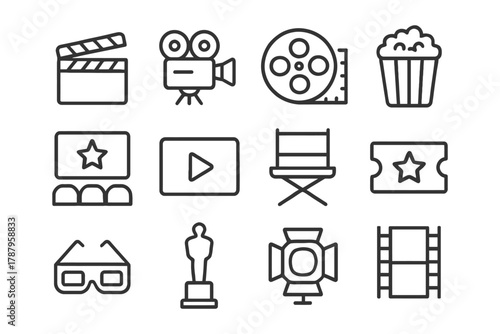 Cinema and movie icons collection - camera, film reel, popcorn, director's chair, glasses, spotlight.