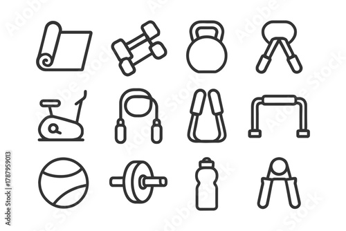 Fitness icons: yoga mat, dumbbells, kettlebell, jump rope, exercise bike.