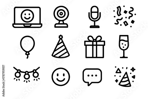 Virtual Party Icons. Online Celebration outline icon set: laptop, webcam, microphone, confetti, balloon, party hat, gift box, champagne glass, string lights, smiling faces, chat