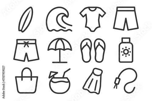Beach essentials icons: surfboard, waves, swimwear, umbrella, flip-flops, sunscreen.