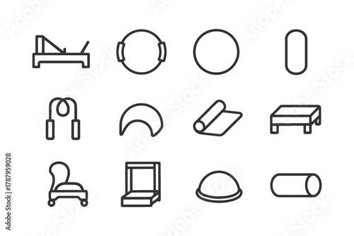 Minimalistic gym equipment icons set for fitness and exercise.