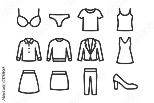 Outline icon set of various clothing items and accessories.