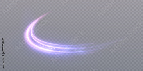 A bright light trail with a glowing effect on a transparent background. A dynamic flow with bright purple lines for speed, animated graphics, and light overlays.