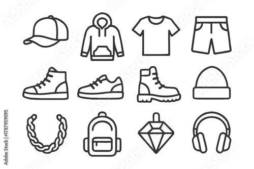 Casual fashion icons: caps, hoodies, shoes, jewelry, bags, headphones.