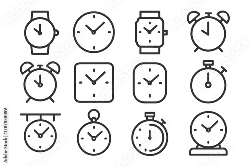 Collection of various clock and watch icons in minimalist style.