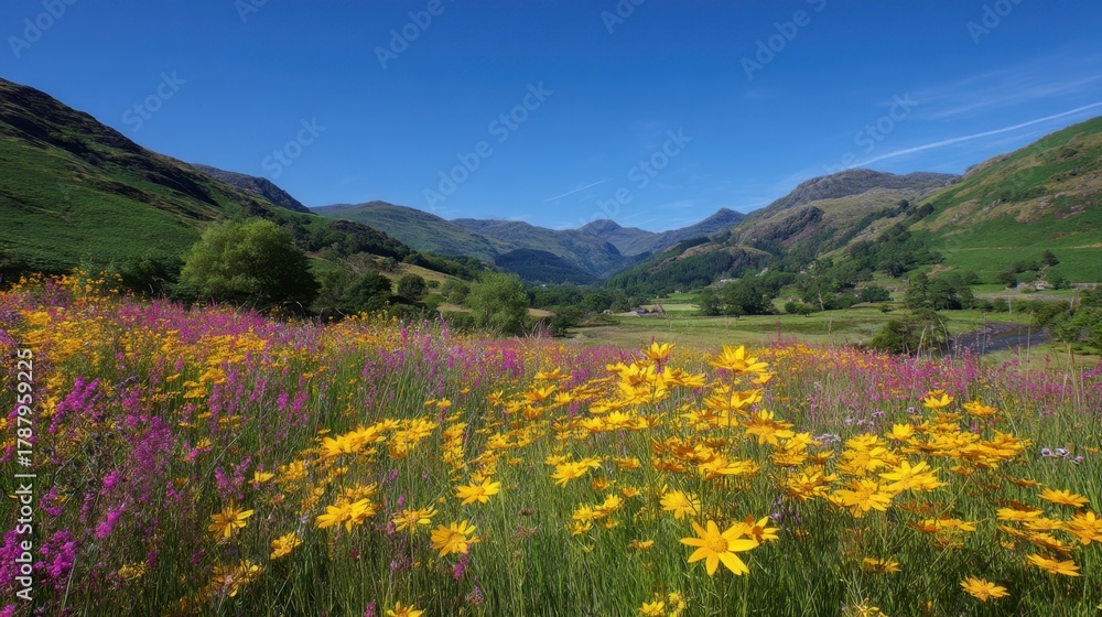 Obraz premium Scenic View of Vibrant Wildflowers and Majestic Mountains Under Clear Blue Sky in Idyllic Rural Landscape
